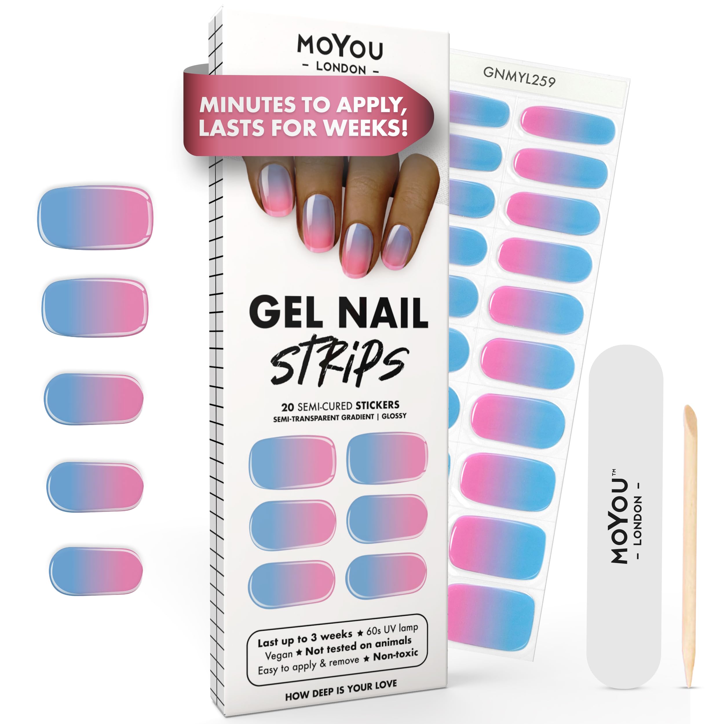 MOYOU LONDON Semi Cured Gel Nail Strips - 20 Pcs. Waterproof Gel Nail Wraps, Cures in Sunlight or UV/LED Lamp, Lasts Up to 2+ Weeks, Stretchable, Easy to Apply & Remove, Vegan & Cruelty-Free