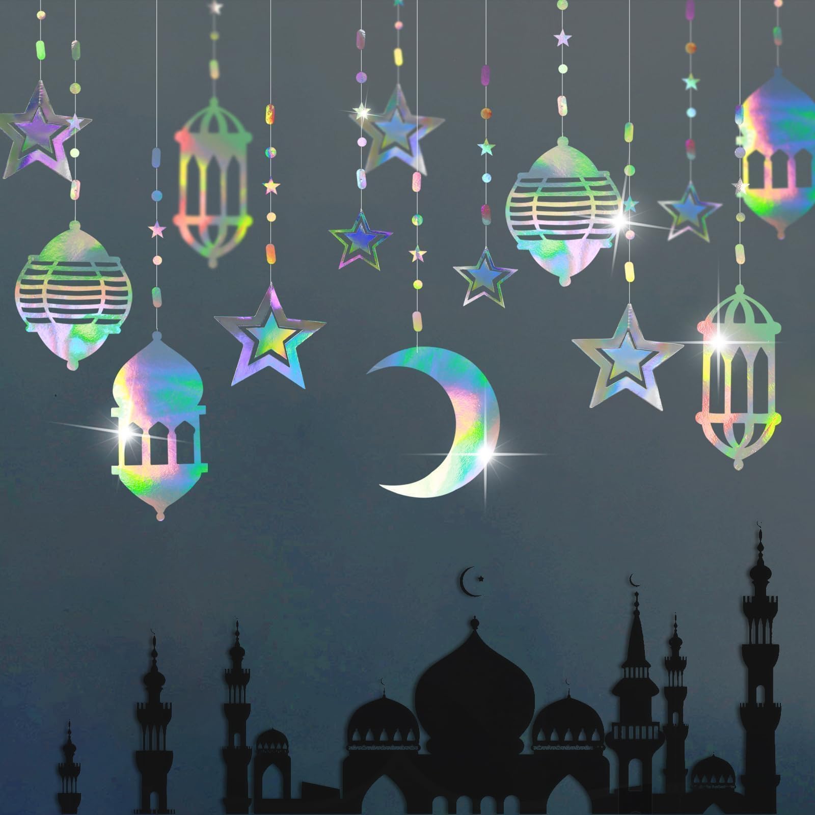 16pcs Iridescent Star Moon Lantern Ramadan Garland Holographic EID Decoration Home Happy Ramadan Decor Euphoria Hanging Streamer Backdrop Banner for Lesser Bairam Islam Wedding Birthday Party Supplies