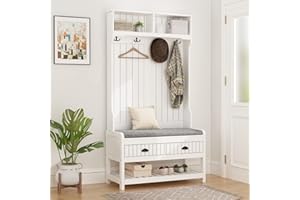 Homsee Modern Hall Tree with Storage Bench, 4-in-1 Entryway Bench with Coat Rack, Tall Hall Tree with 4 Metal Double Hooks, Shelves & 2 Drawers for Hallway, Living Room, White