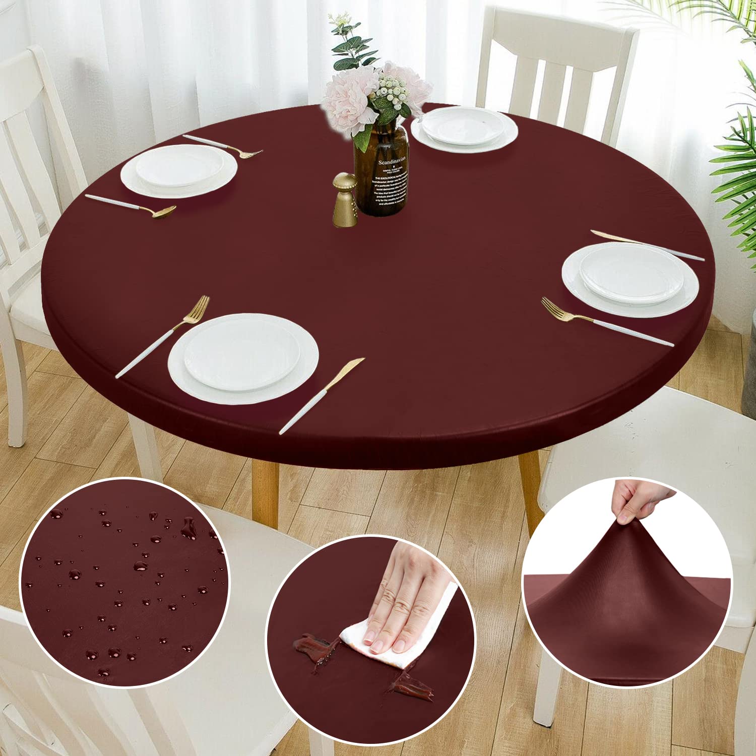 Rinpon Double Design PU Round Tablecloth, Anti-Tear Wipeable Elastic Round Tablecloth, Soft-Touch Fitted Table Cloth, Waterproof Oil-Proof Table Cover (Burgundy, 53"-56" Round)