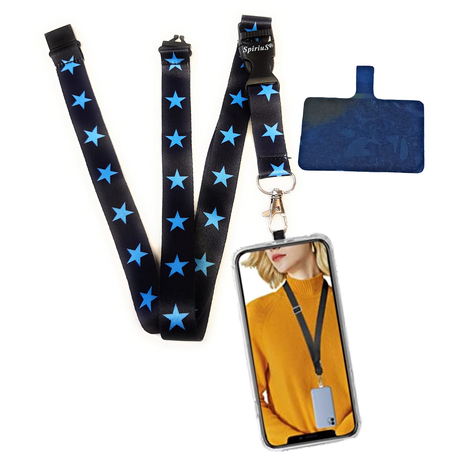 SpiriuS Universal Phone Lanyard Neck Strap with Detachable Patch sticker Compatible with all Smartphones for iPhone Google Pixel LG HTC Huawei (Blue Stars)