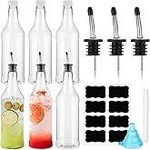 Dandat 12 Pieces 32 oz Plastic Long Neck Bottles with Pourer and Caps Plastic Juice Pour Bottles with Stainless Steel Pourers Tapered Spout for Liquor (Silver Bottle Pourer)