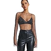 Jokesky Rhinestone Crystal Crop Top, Long Sleeve Mesh Body Chains, See Through Mesh Diamond Fishnet Shirts Outfits