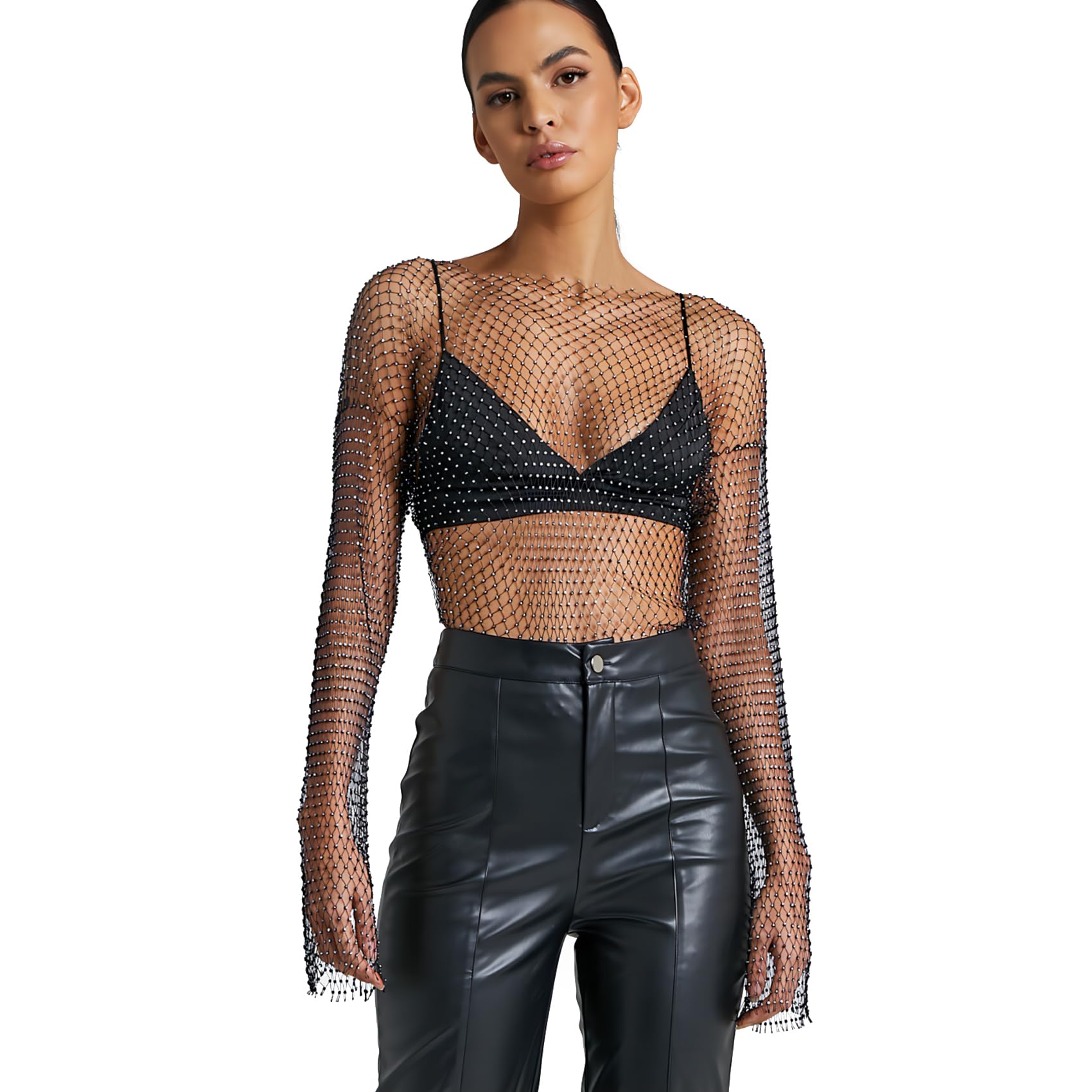 Photo 1 of *MINOR DAMAGE - USED*
Jokesky Rhinestone Crystal Crop Top, Long Sleeve Mesh Body Chains, See Through Mesh Diamond Fishnet Shirts Outfits