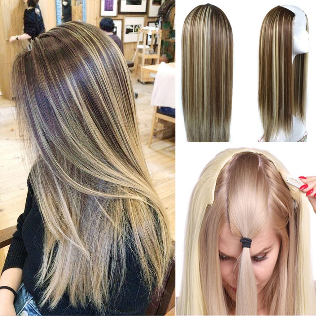 24" Straight Synthetic V-Shaped Wig For Women Ombre U-Part Clip In Hair Extensions 3/4 Half Hairpieces 8H613#
