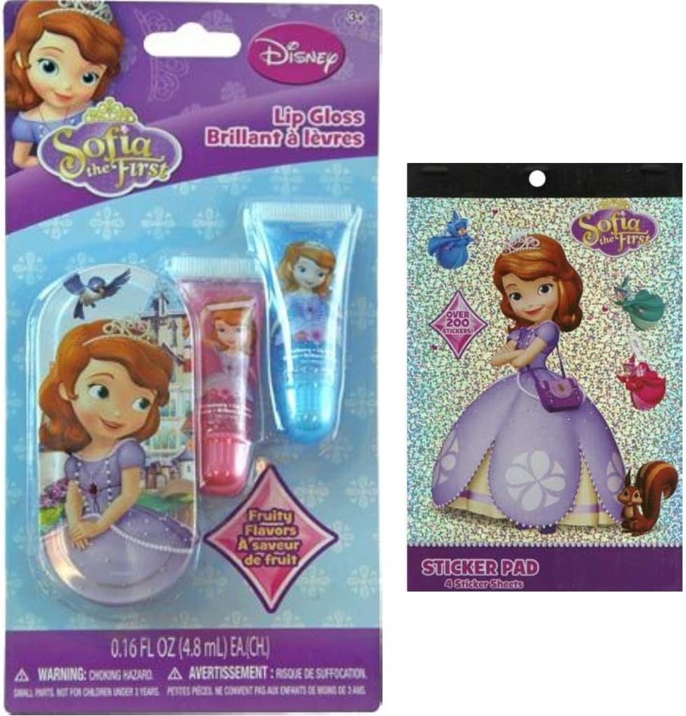 Disney Jr. Princess Sofia The First Lip Gloss Gift Set For Kids - 1 Pack of Princess Sofia Lip Gloss (In two Fun Flavors) and 1 Pack of Sofia Stickers