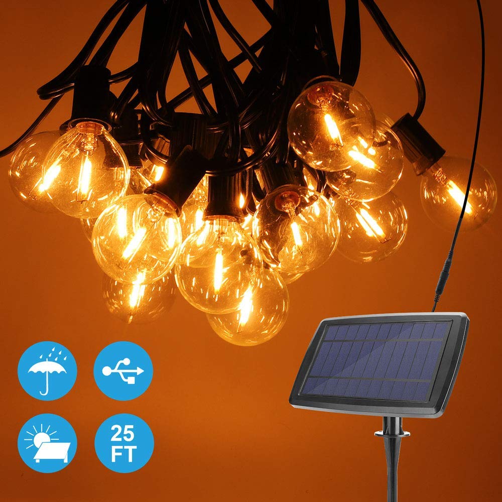 Onumii Solar Outdoor String LED Lights 7.5M 4400mAh, 2200K Amber Light, 25 Sockets 27 G40 LED Bulbs, Romantic Outdoor Decorative String Lights For Yard, Patio, Deck, Pergola, Umbrella Lights