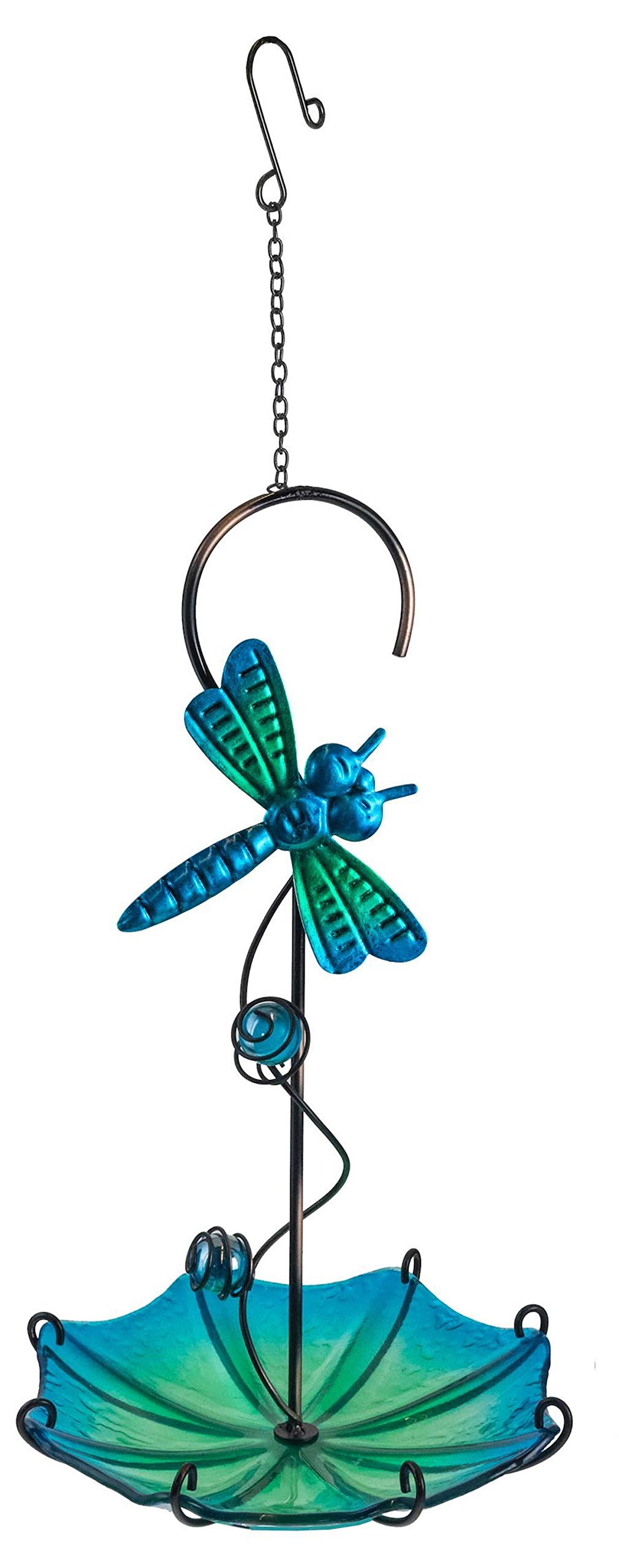 Fountasia Hanging Metal & Glass Birdbath Garden Ornament (Blue & Green Dragonfly)