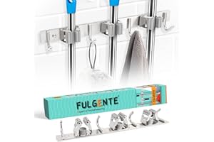 FULGENTE Broom Mop Holder, Wall Mount Storage Cleaning Tools Organizer for Laundry Garage Garden Bath Kitchen, Screw-In Heavy Duty Stainless Steel Utility Rack Hanging Shelf (3 Racks 4 Hooks)