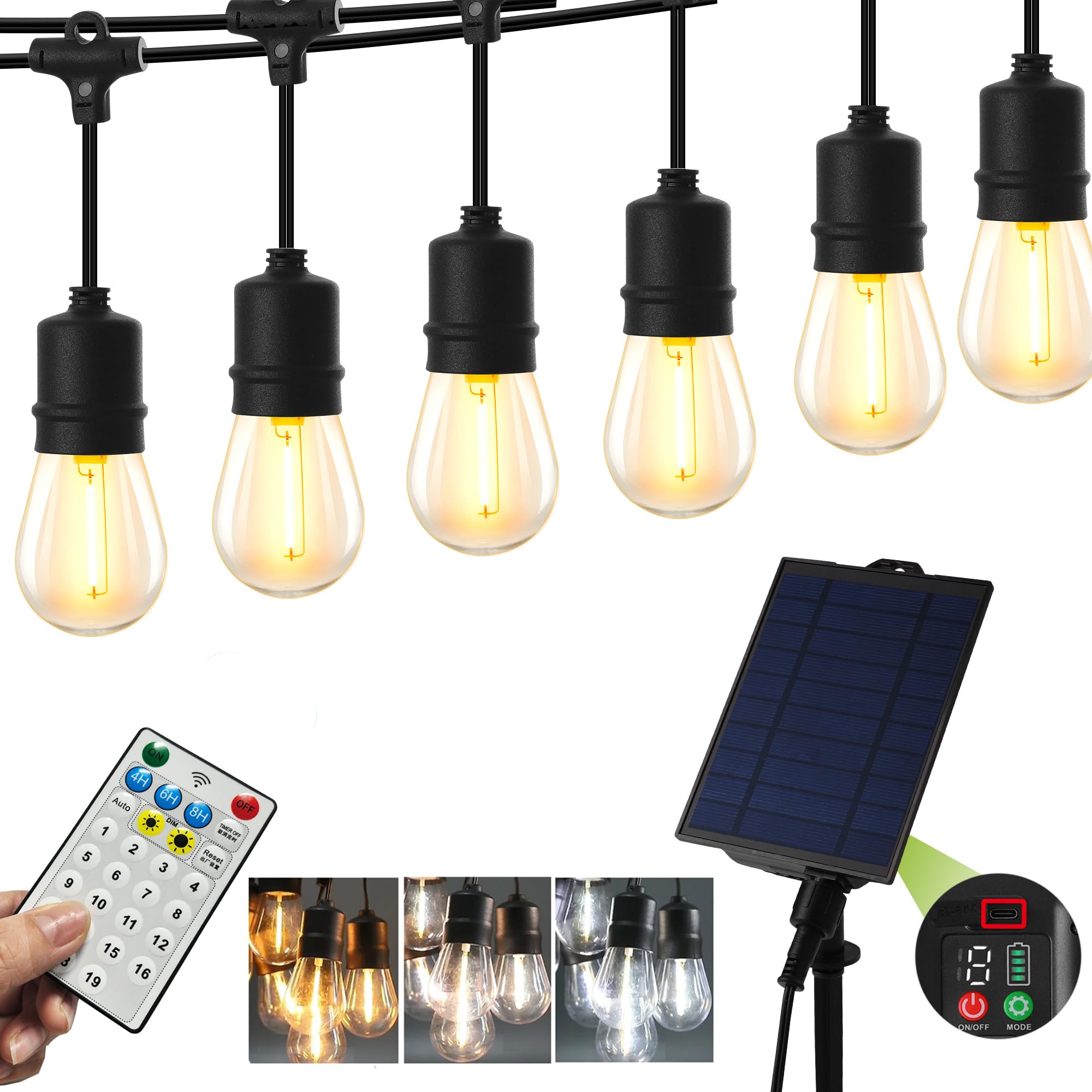 Photo 1 of  Pack 2 PMS Solar Outdoor String Lights, Color Changing Warm White to Cool White with Remote, Shatterproof LED Bulbs for Backyard Garden Gazebo Patio Pergola (60FT-20LIGHTS)