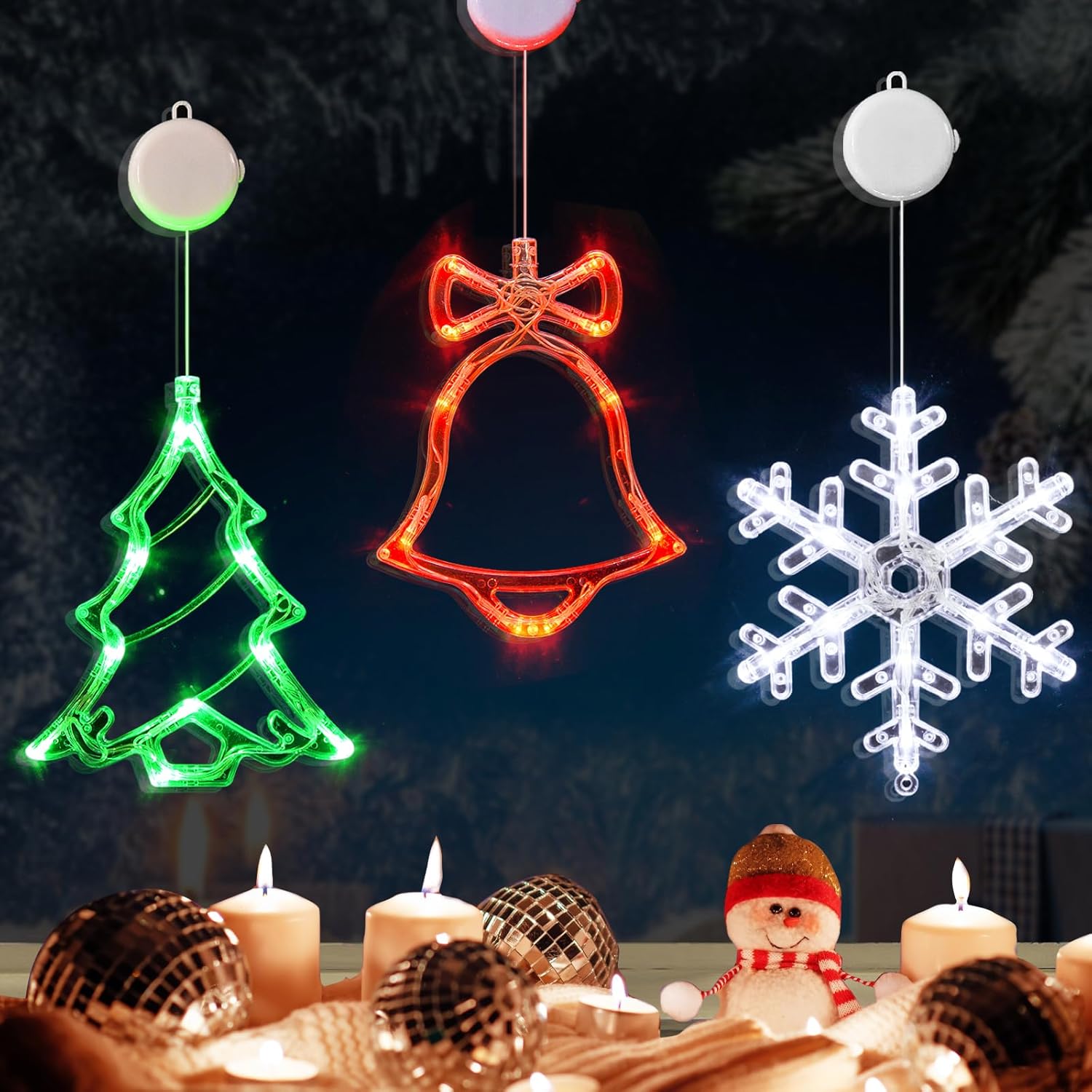 String Lights - LOLStar Christmas Window Decorations,3 Pack Jingle Bell,Christmas Tree,Snowflake Christmas Window Lights with Suction Cup, Timer Function & Slow Fade Mode Battery Operated Indoor Lights for Christmas