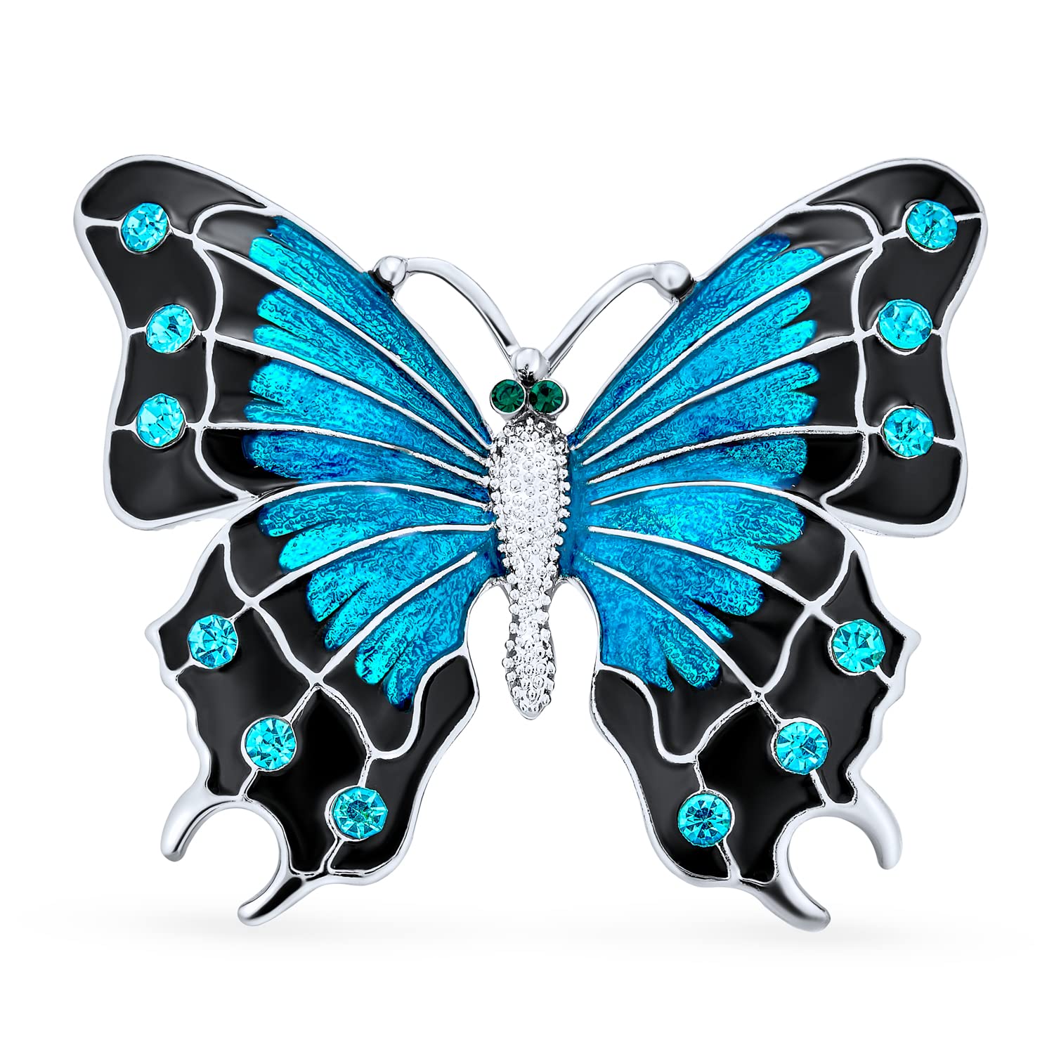 Large Two Tone Black Blue Turquoise Aqua Crystal Accent Garden Winged Butterfly Brooch Scarf Pin for Women Teens Enamel Gold Plated Statement Jewelry