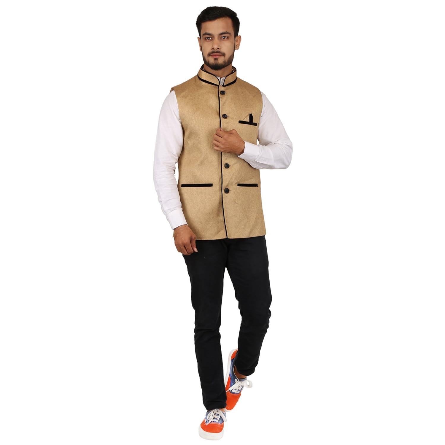 qalamkari men's jute modern fit modi/nehru jacket