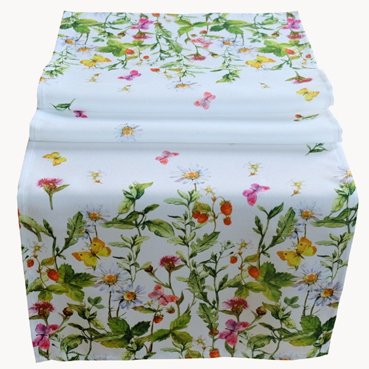 Raebel Table Runner 40 x 140 cm White Bohemian Floral Polyester Table Topper Easter Table Decoration Spring White Colourful Flowers and Butterflies