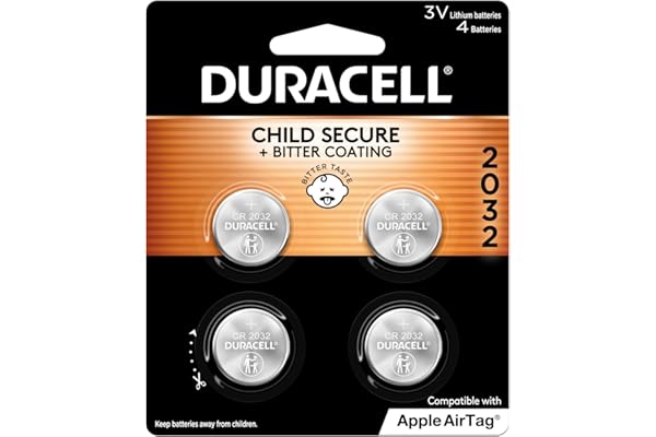 Duracell 2032 Lithium Battery. 4 Count Pack. Child Safety Features. Compatible with Apple AirTag, Key Fob, and other devices. CR2032 Lithium 3V Cell. 2032 Battery, Lithium Coin Battery