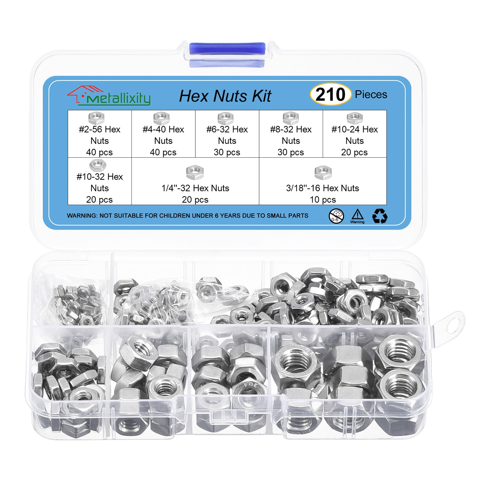 METALLIXITY Hex Nuts Assortment Kit (#2-56, #4-40, #6-32, #8-32, #10-24, #10-32, 1/4-20, 3/8-16) 210Pcs, 304 Stainless Steel Hexagon Nut Hardware