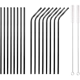 HOMQUEN 18 Piece Black Stainless Steel Straws, 8.5 '' Reusable Drinking Straws,with Portable pouch (8 Straight/8 Bent/2 Brushes)