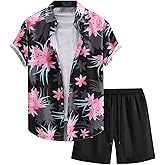 BEAUDRM Men's Plus Size 2 Pieces Outfit Floral Print Short Sleeve Button Down Shirt and Shorts Set