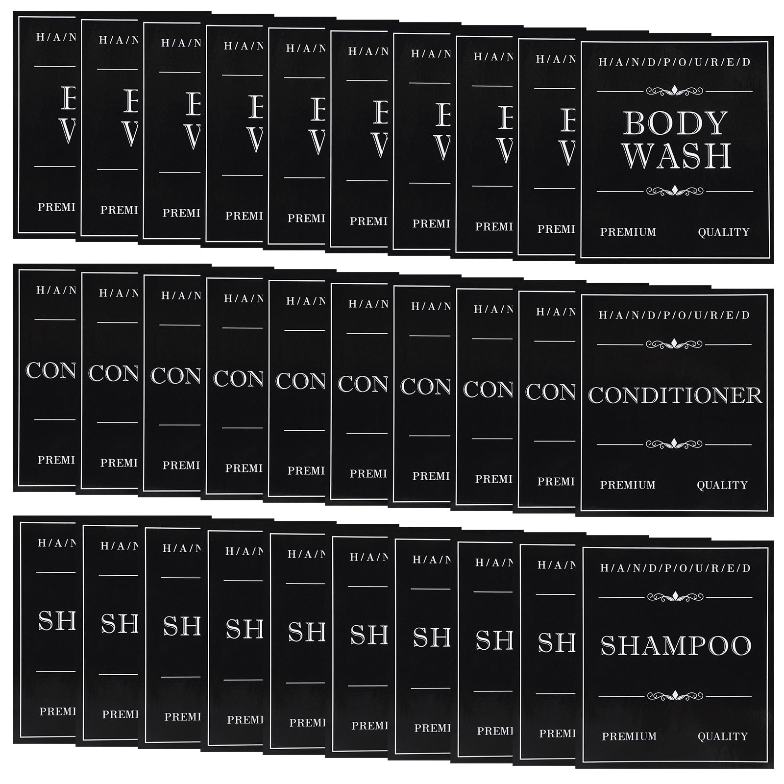 Ymapinc 30Pcs Waterproof Labels for Bottles Bathroom Stickers Removable Label Stickers for Shampoo/Conditioner/Body Wash, Black Toiletry Labels for Plastic/Glass Bottles