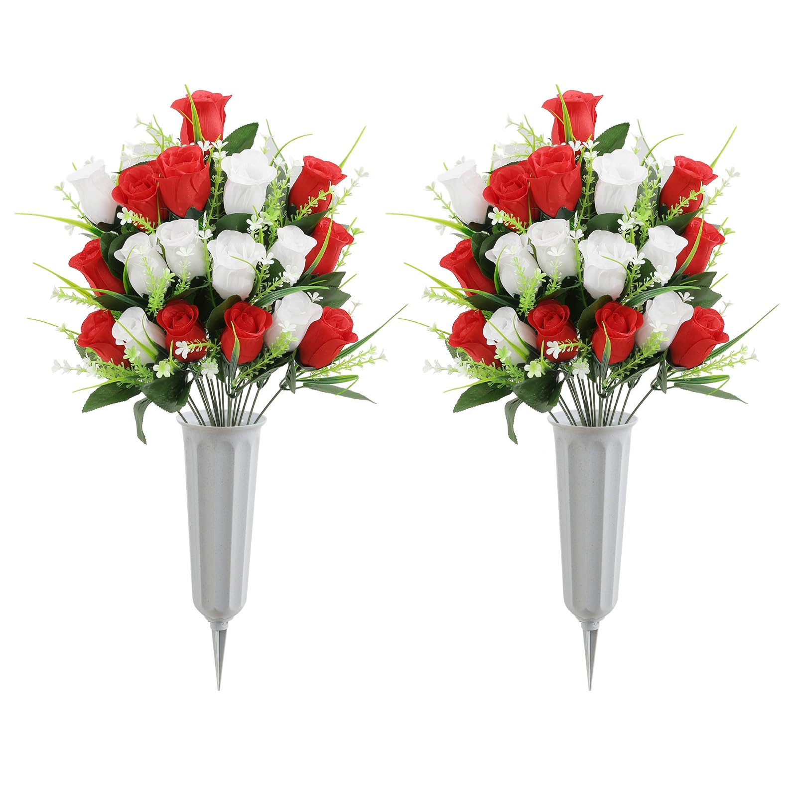 U'Artlines 2Pcs Artificial Cemetery Flowers for Grave Silk Memorial Rose Flowers Outdoor Grave Flowers for Grave Vase Cemetery Flower Arrangements (Red & White)
