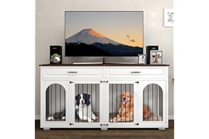 PITMOTO Large Dog Crate Furniture,74.8" Wooden Double Room Dog Crates Indoor Furniture Style with Divider and 2 Drawers,XXL Heavy Duty Dog Kennel Furniture TV Stand Table for 2 Large Dogs,White
