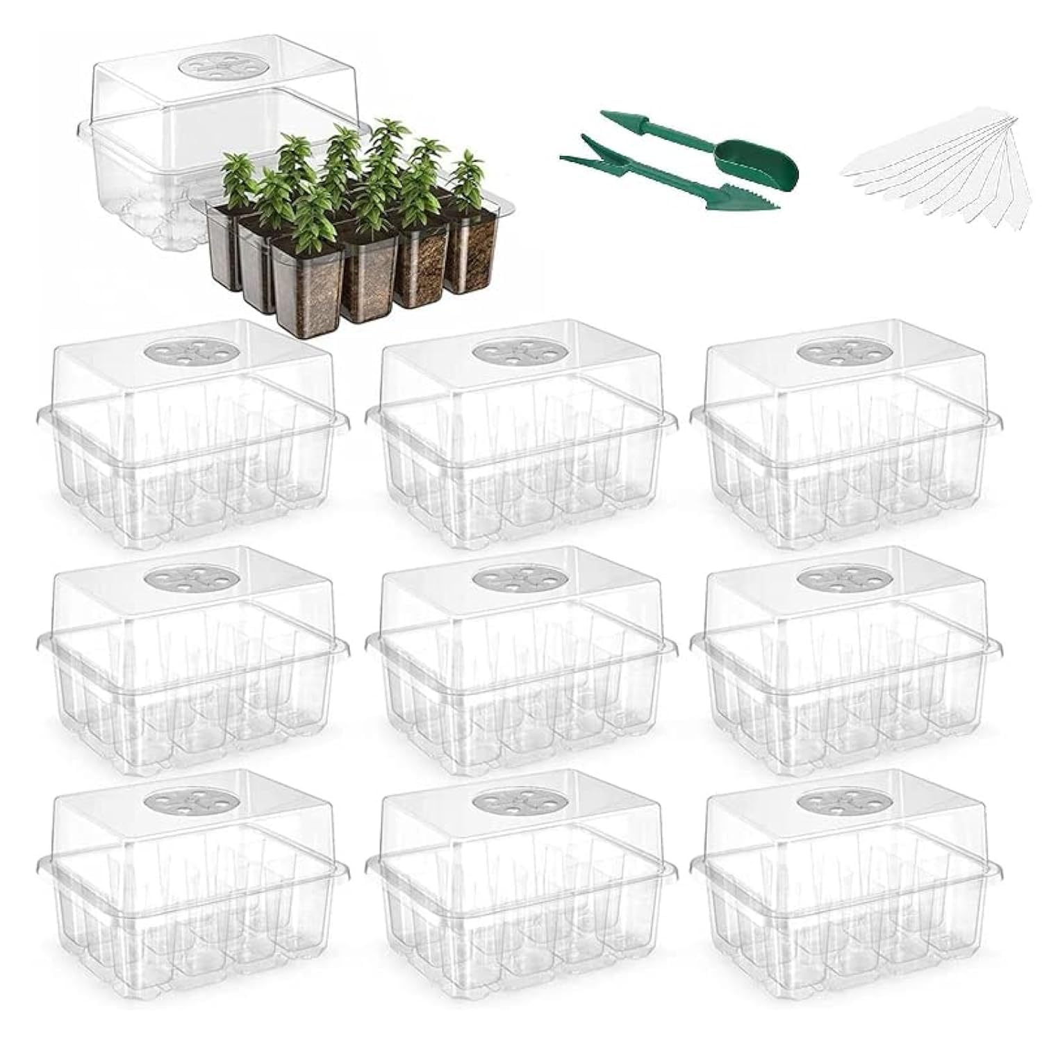 WY8 10 Pack Seed Trays Starter Kit, 120 Cells Reusable Greenhouse Seedling Starter Tray with Dome and Deep Base, Herb Garden Plant Humidity Adjustable Grow Kit Garden