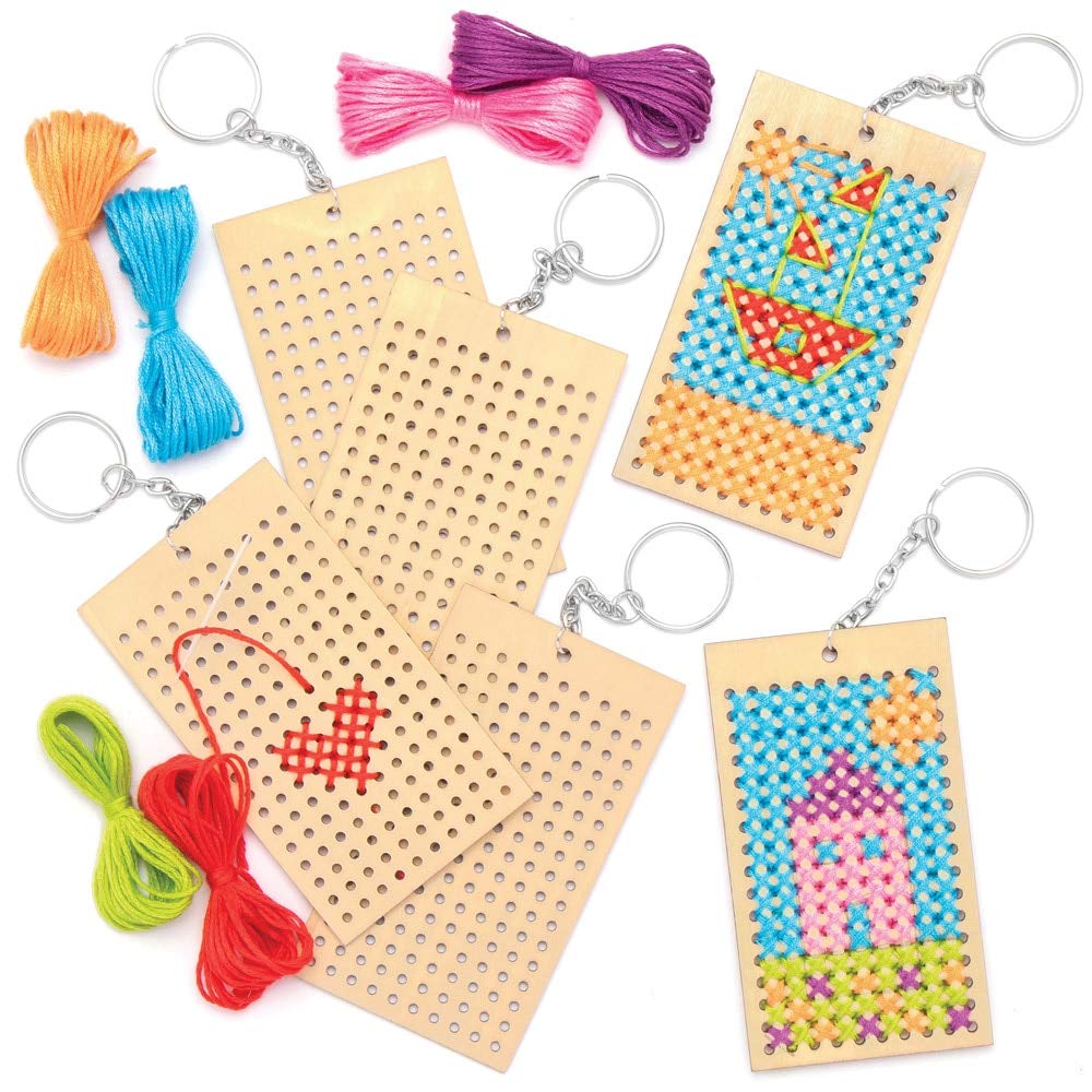 Baker Ross AT805 Cross Stitch Key Rings Make Your Own Colourful Keyring Charms, Arts and Crafts for Kids (Pack of 3), Blue,Green,Orange,Pink,Purple,Red