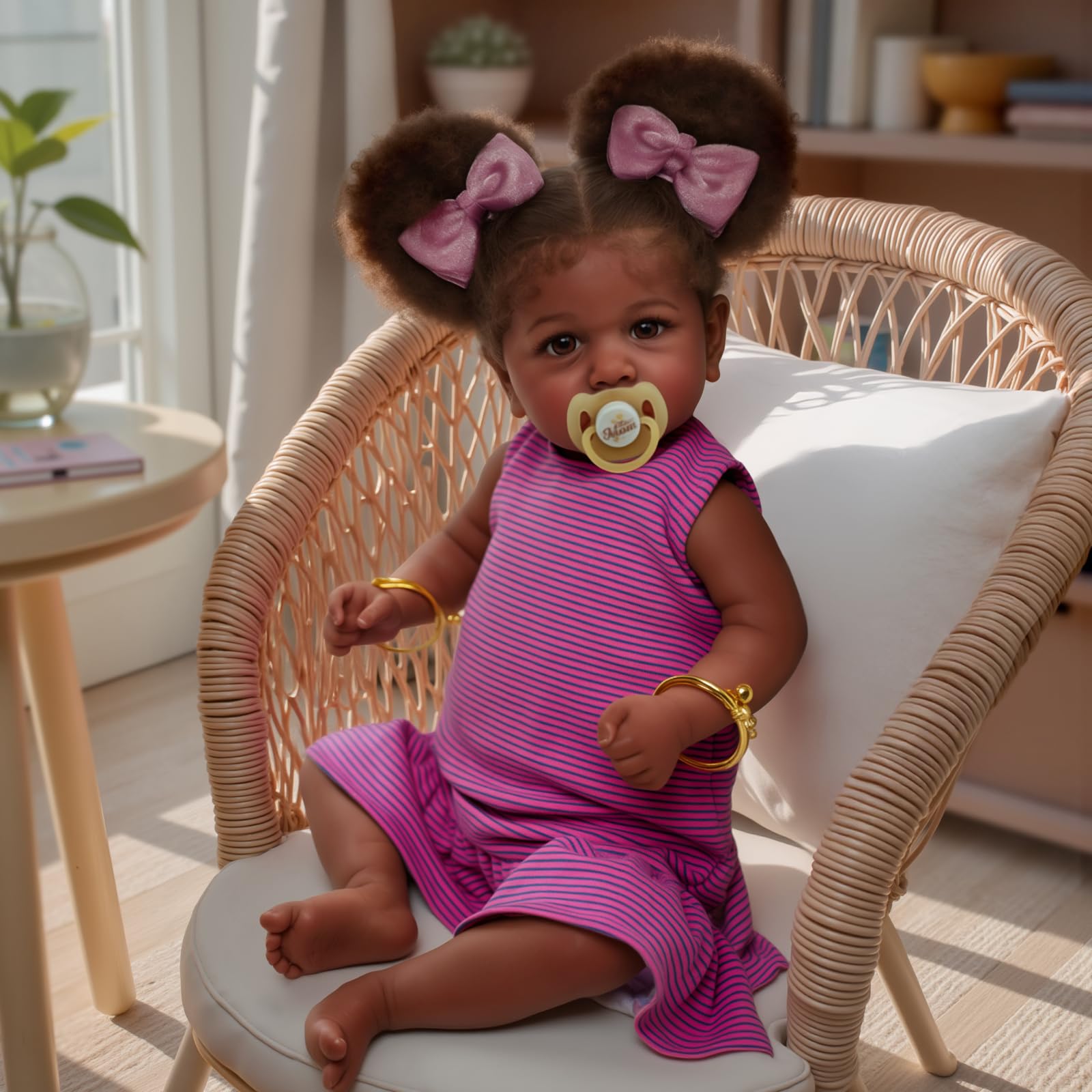 JIZHI Reborn Baby Dolls Black - 22 Inch Lifelike Soft Body Realistic-Newborn Baby Dolls Taupe Eyes Caramel Skin Tone Pink Striped Skirt Real Life and Toy Accessories Gift for Kids Age 3