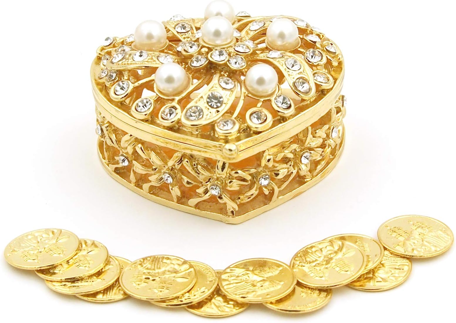 JOICE GIFT Gold Elegant Pearl Rhinestone Wedding Arras Heart Shape Box Set with 13 Unity Coins