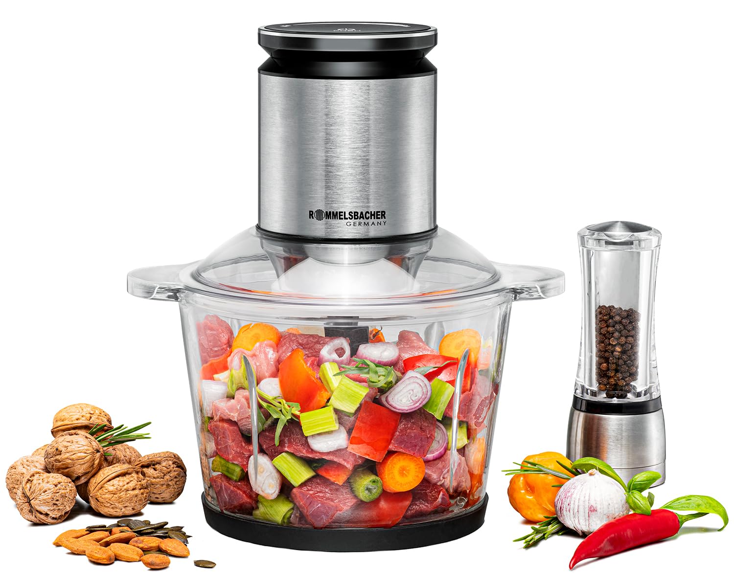 ROMMELSBACHER Multi Zerkleinerer MZ 800, 2,7 Liter Glasbehälter, 22-stufige Drehzahlregulierung, kraftvoller Motor, 9-flügeliges Edelstahl-Spezialmesser, Messerachse und Motorkupplung aus Edelstahl