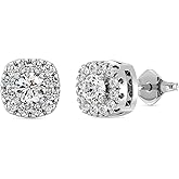 Gilded Lab-Grown Diamond Sterling Silver and 14KT Yellow Gold Plated Silver Stud Earrings for Women | Cushion Halo Shaped Studs | Hypoallergenic Fine Jewelry | Prong Setting, Push Back Nut | SI1 Clarity, F Color 1/4, 1/2, ,1 Carat Total Weight