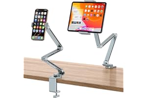 Adjustable Tablet Stand for iPad, OMOTON Aluminum Alloy Phone Holder for Bed with 2 Clips, Overhead Phone Stand for Desk with