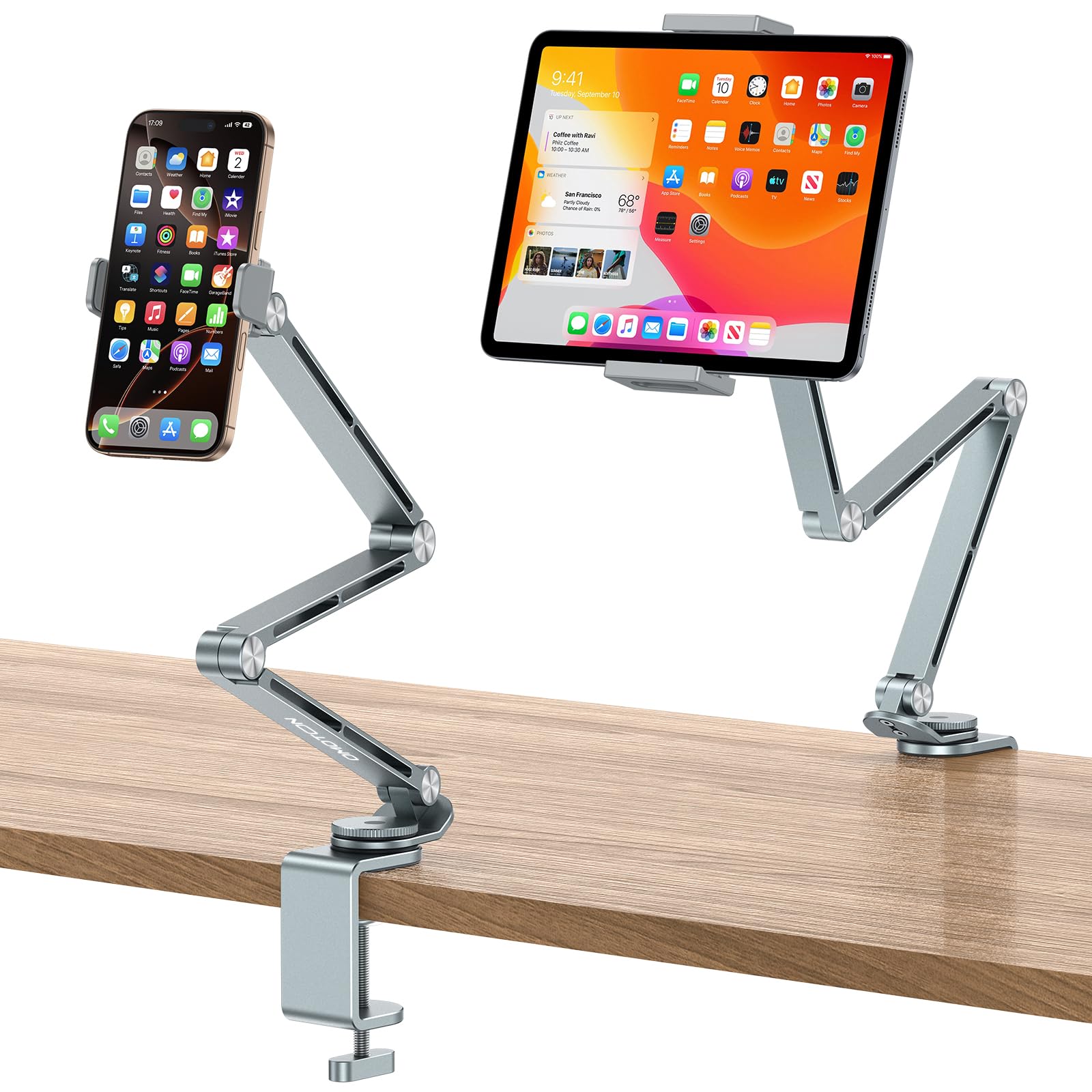 Photo 1 of OMOTON GH03 Adjustable Tablet Stand for iPad, Desk Phone Holder for Bed with 2 Clamps, Flexible Aluminum Alloy Mount with 360° Rotation for 4-13" Devices
