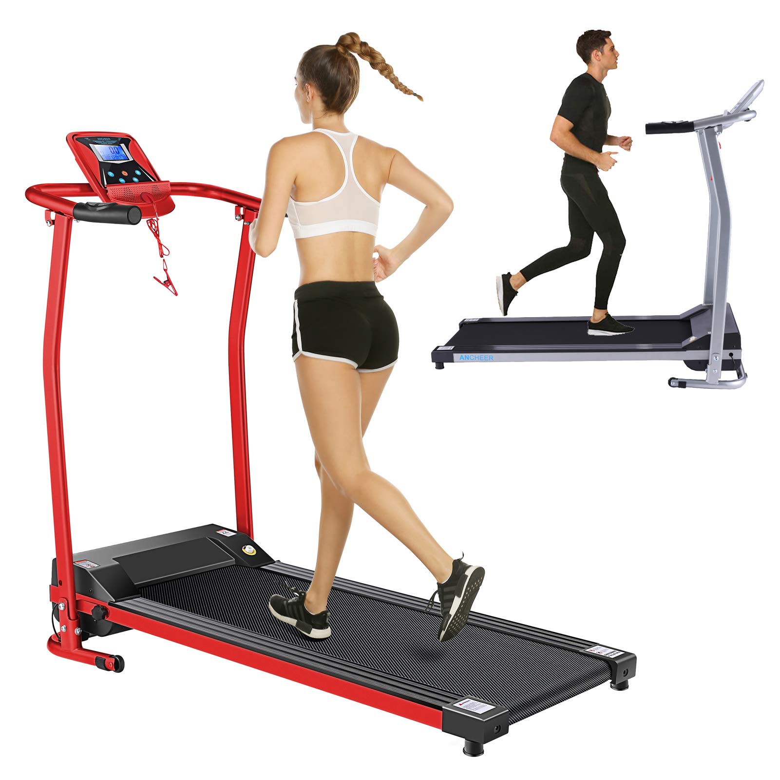 Folding Treadmill Electric Treadmills for Home with LCD Monitor,Pulse Grip and Safe Key Running Walking Jogging Exercise Fitness Machine for Home Gym Office Space Saver Easy Assembly (Red)