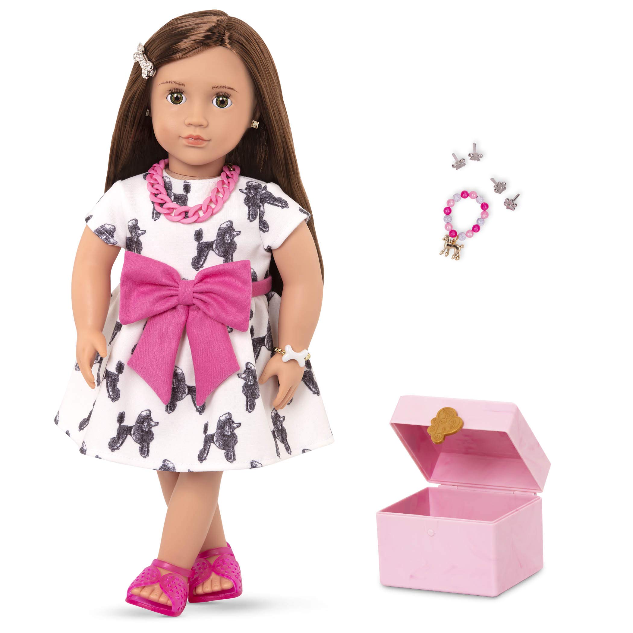 Our Generation - Nancy - 18-Inch Doll With Pierced Ears - Brown Hair & Green Eyes - Jewelry Box & Earring Accessories - Pretend Play - Toy for Kids 3 Years +