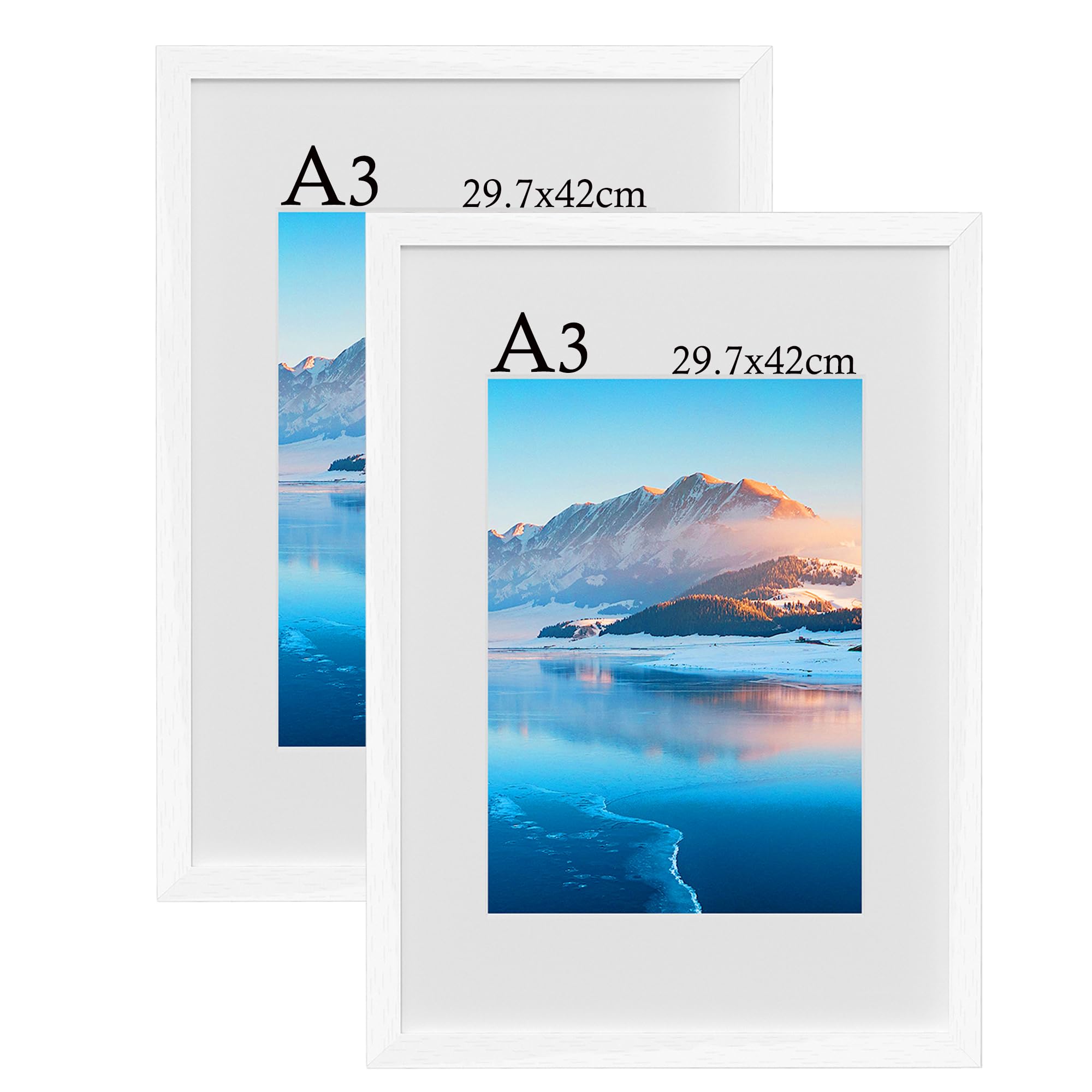 A3 Frame 2 Packs, 29.7 X 42 cm Wooden Picture Frame, Photo Frame With Perspex Glass, Wall-Mounted A3 Poster Frame for Bedroom and Living Room Decoration(White)