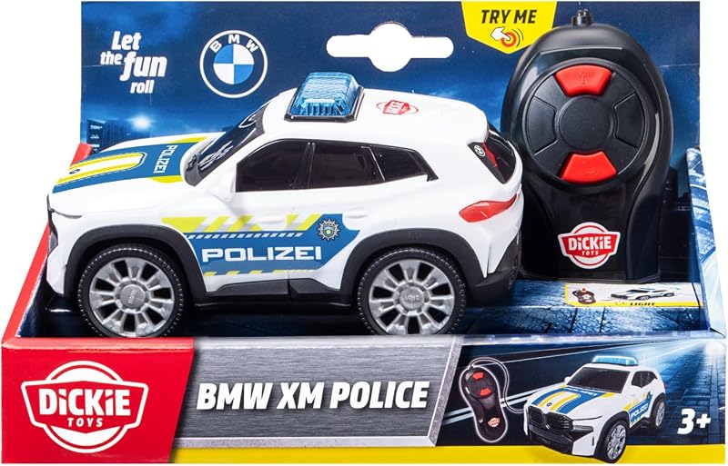 BMW XM Police Racer 1:36 13 cm, Voiture de Police télécommandée pour Enfants à partir de 3 Ans, télécommande par câble, lumière, Virage Avant Droit, Marche arrière, Fonction Try Me