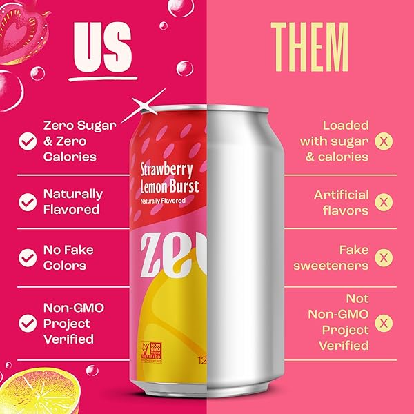 ZEVIA ZERO SUGAR SODA, STRAWBERRY LEMON BURST, 12 OZ CANS (24-PACK) – NATURALLY SWEETENED, ZERO CALORIE SUGAR FREE SODA – NON-GMO PROJECT VERIFIED, GLUTEN-FREE, VEGAN