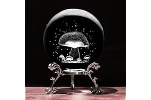 PYJ3DLAMP 3D Mushroom Crystal Ball with Stand Lase Engraved Glass Sphere Paperweight Mushroom Decor Gift