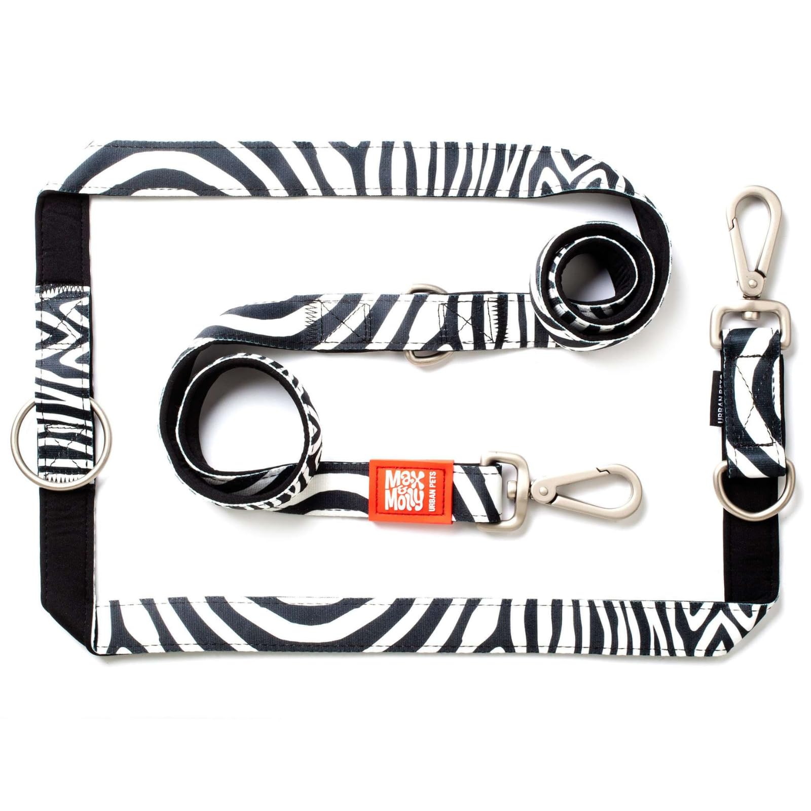 Max & Molly 6-in-1 Hands Multi-Function Dog Leash, Ultra Soft Padded Neoprene, Zebra L