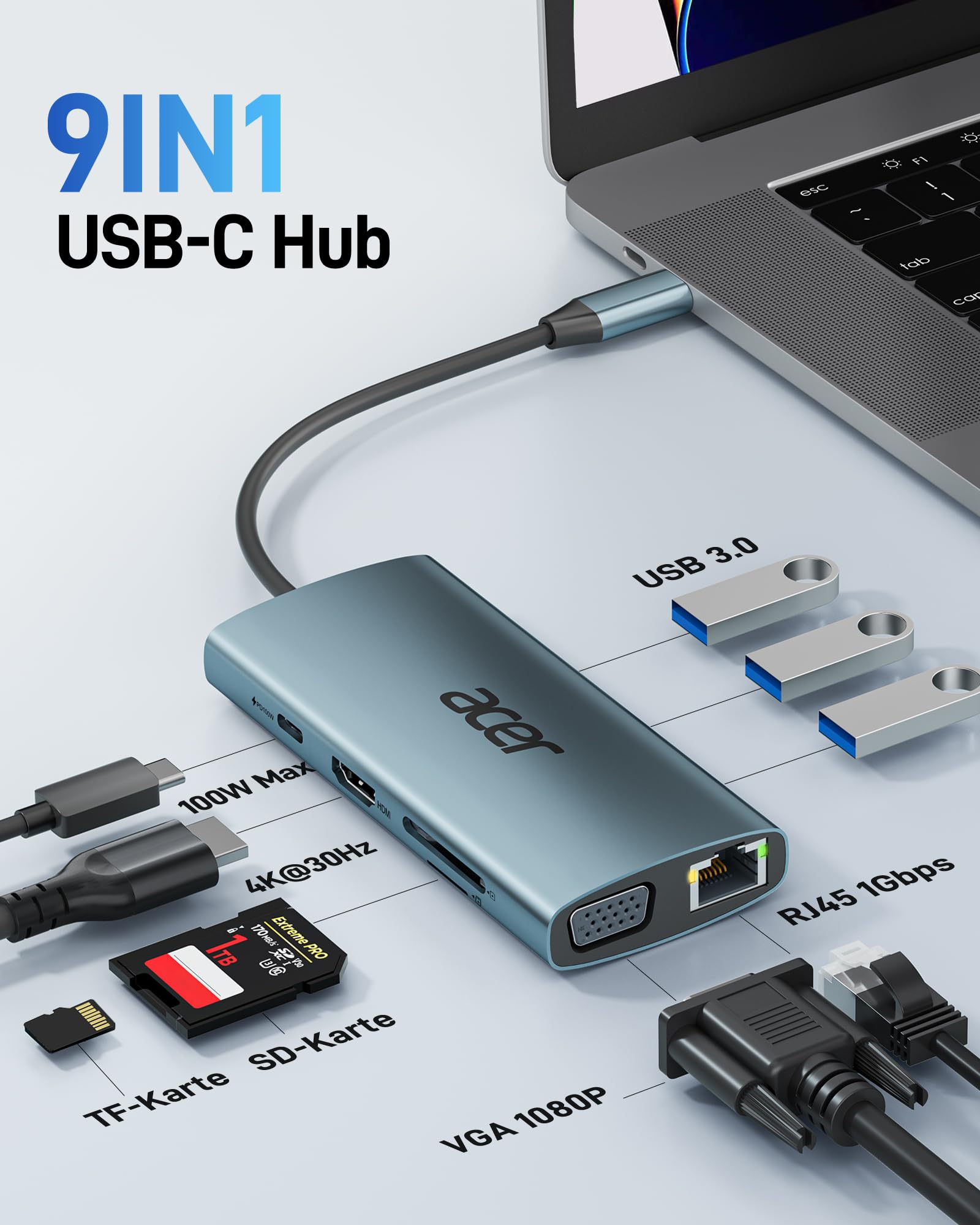 acer USB C Hub Docking Station, 9IN1 USB C zu 4K HDMI, 3xUSB 3.0 5Gbps, 1Gbps Ethernet, 100W PD, VGA, SD Katenleser, Aluminium Multiport Adapter für iPhone 15/16 Serie,MacBook/iPad Pro/Air,S24,Surface 2