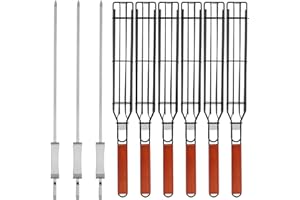 IRSTBL – Kebab Grill Basket Set – 6 Non-Stick BBQ Baskets with Wooden Handles & 3 Steel Skewers – Reusable Grilling Tools for