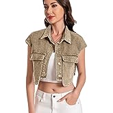 VOHOTO Women Cropped Denim Shirt Summer Jean Stylish Button Down Collared Cute Sleeveless Top with Pockets