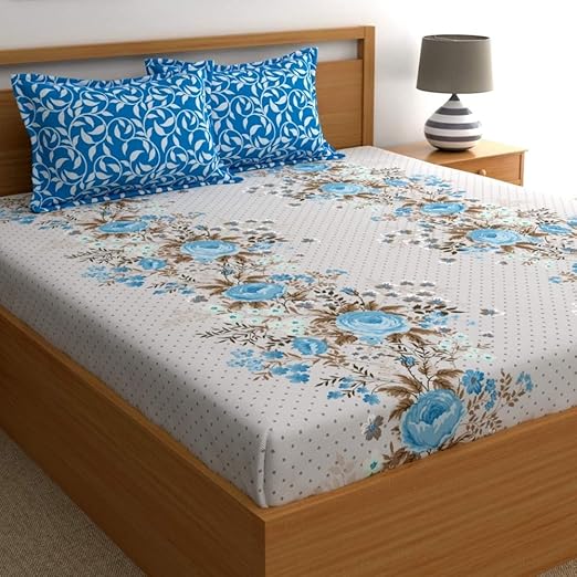 Dreamscape Twill 100% Cotton Double bedsheet with 2 Pillow Covers Set, 180TC Floral Blue