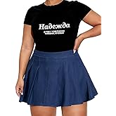 Moon Wood Women Plus Size Denim Pleated Skirt High Waisted A-Line Jean Short Skirts with Pockets