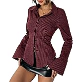 Women Y2k Button Long Sleeve Work Shirt Striped Vneck Collared Slim Fit Blouse Vintage Aesthetic Coquette Streetwear
