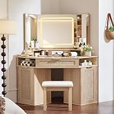 Lerliuo Corner Vanity Desk with 3 Way Mirror and Lights, Stool Sets | 46'' Rattan Makeup Vanity with Glass Top Drawer, Vintage Brown Make Up Storage Cabinets with Charger for Bedroom Brown