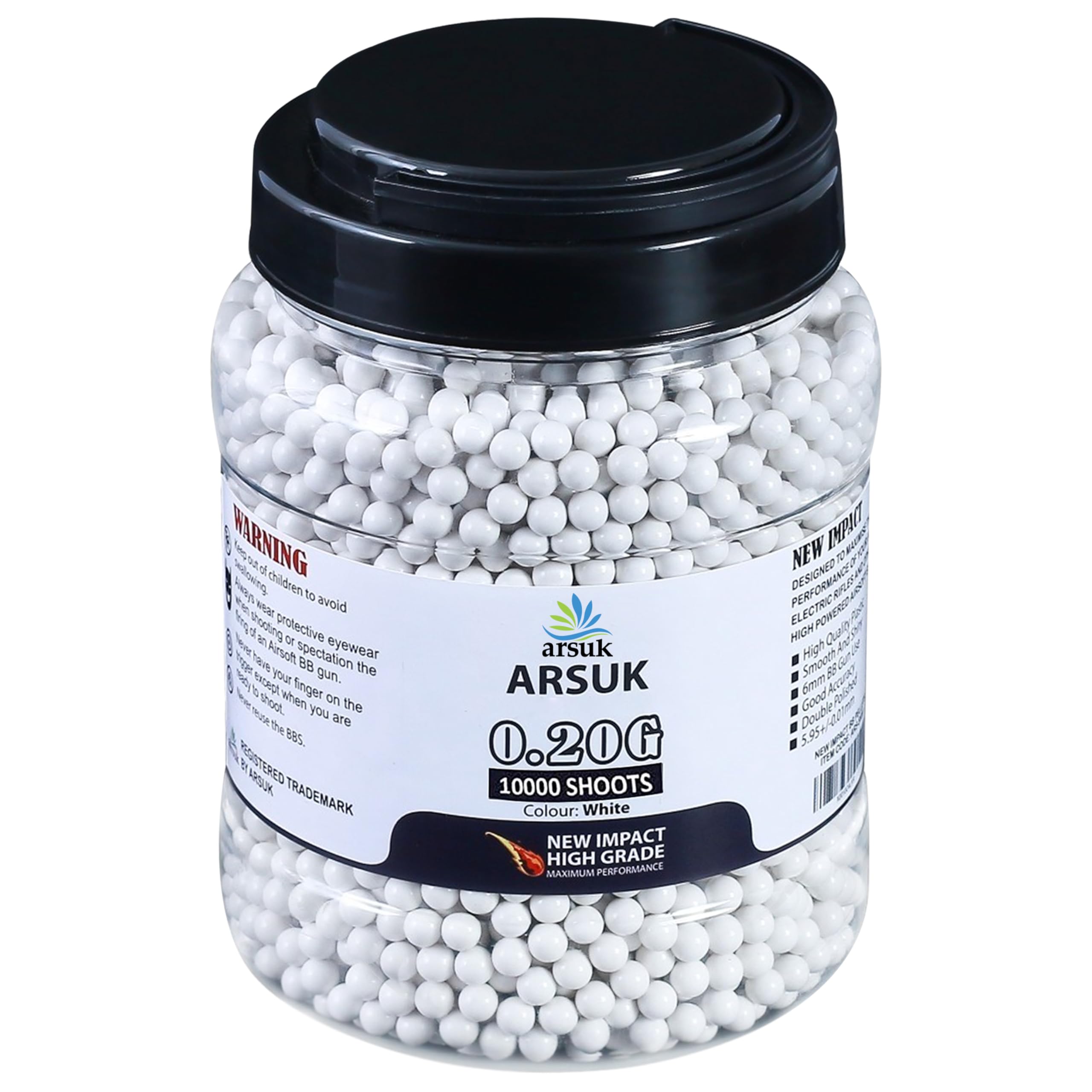 ARSUK 6mm Airsoft BBs 0.20g – White - 10000 Count - Seamless 6mm Plastic BB for Precision Target Practice & Tactical Shooting BBs for Airsoft Devices