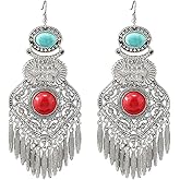 Long Bohemian Indian Dangle Earrings for Women Round Turquoise Antique Silver Tassel Drop Dangling Statement Earrings Boho Jhumka Jhumki Mexico Geometric Fish Hook Lightweight Traditional Jewelry
