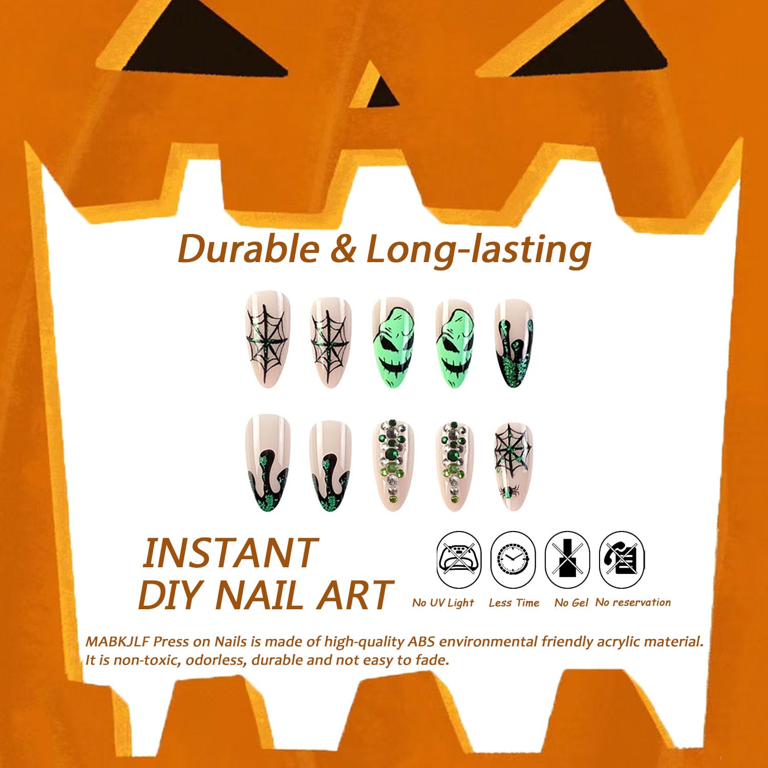 Halloween Press on Nails Medium Almond Fake Nails Nude Full Cover Green Spider Web Nightmare Christmas Nails Rhinestones False Nails with Designs Acrylic Artificial Nails for Women Girls 24Pcs - Image 3